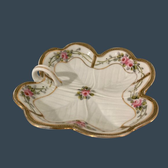 Hand Painted Nippon Porcelain Floral Nappy Lemon Dish With Gold Trim And Handle - Picture 2 of 5